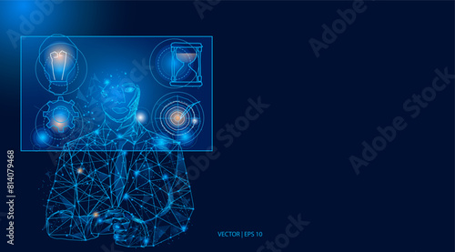 Vector illustration. Businessman looking floating screen, for ideas, chasing targets, solving problems, and racing against time. Abstract low poly business background