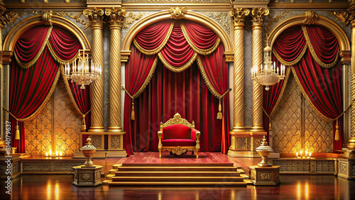 An opulent podium stage with ornate golden details, velvet drapes, and a backdrop of regal palaces