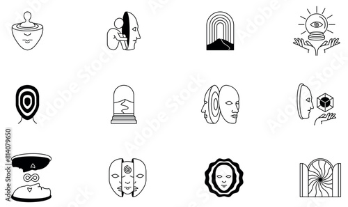 Vector Set of Linear Symbols Related to Hidden Human Potential and Talent, Inner Space of Creativity and Personal Development. Minimalist style, design elements and symbols - part 7
