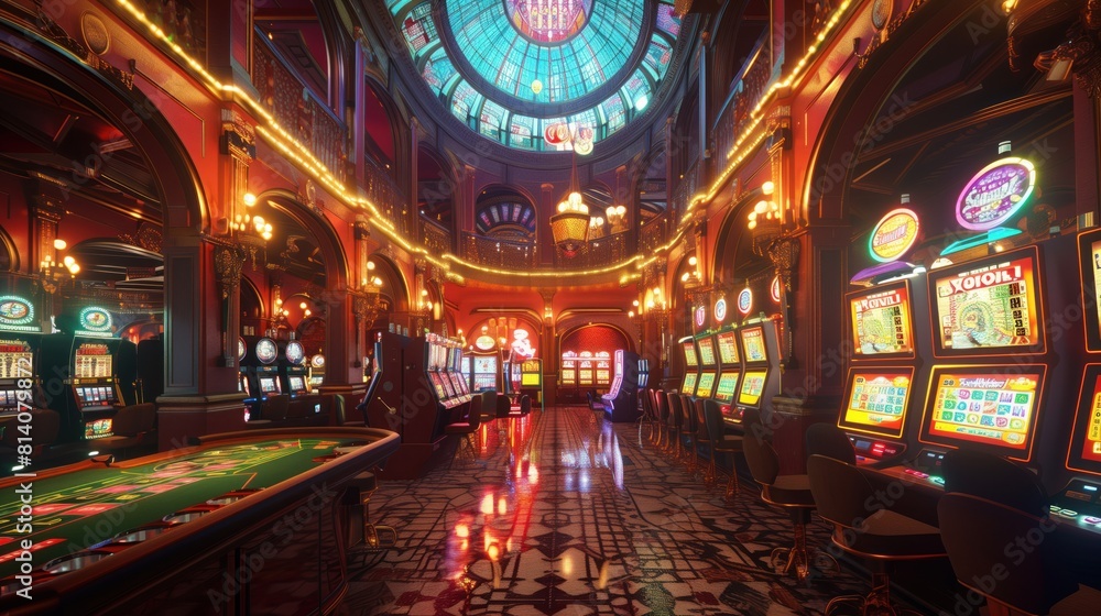 Obraz premium A centered symmetric view of a retro casino, wide angle view, slot machines, roulette, poker, beautiful colors, generative ai