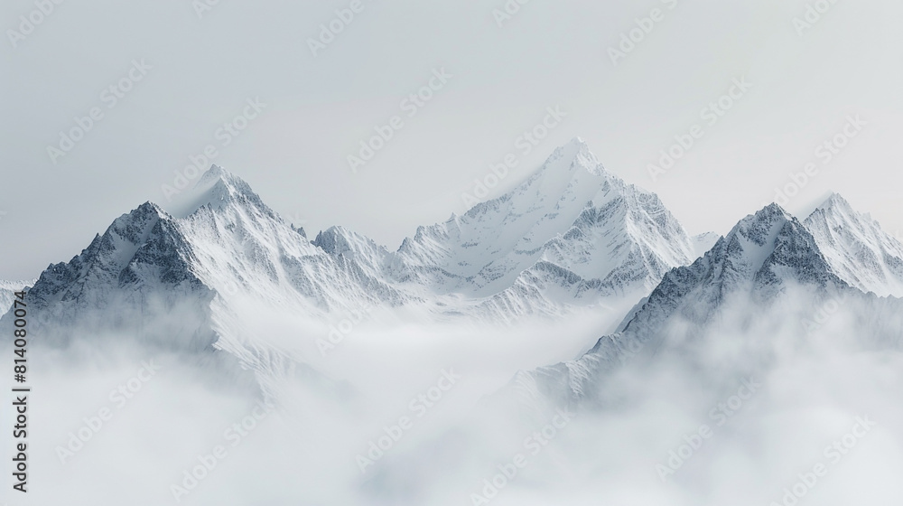 Foggy alpine morning, white snow capped mountains blending into sky gray Foggy alpine morning, white snow capped mountains blending into sky gray