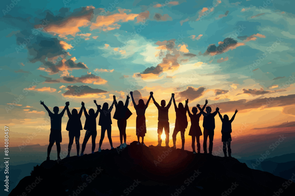Silhouette group of happy friends is having fun with raised hands against sunset mountains Silhouette group of happy friends is having fun with raised hands against sunset mountains