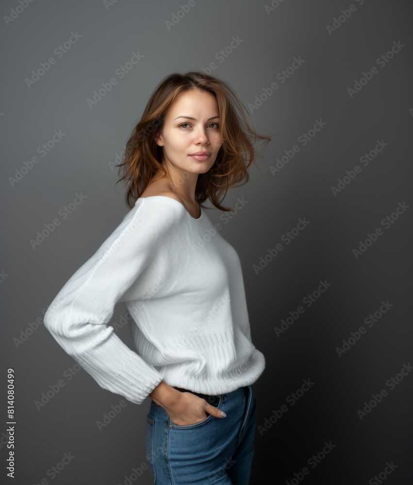 A brunette with wavy hair and a fleeting smile in light clothes on a gray background. Women's fashion and beauty, confident strong woman. A brunette with wavy hair and a fleeting smile in light clothes on a gray background. Women's fashion and beauty, confident strong woman.