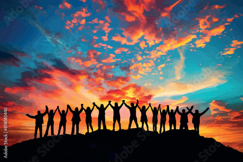 Silhouette group of happy friends is having fun with raised hands against sunset mountains