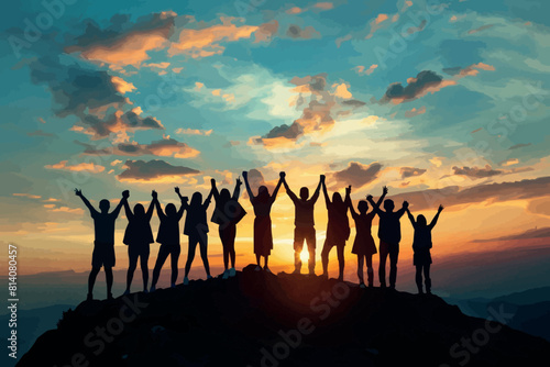 Silhouette group of happy friends is having fun with raised hands against sunset mountains