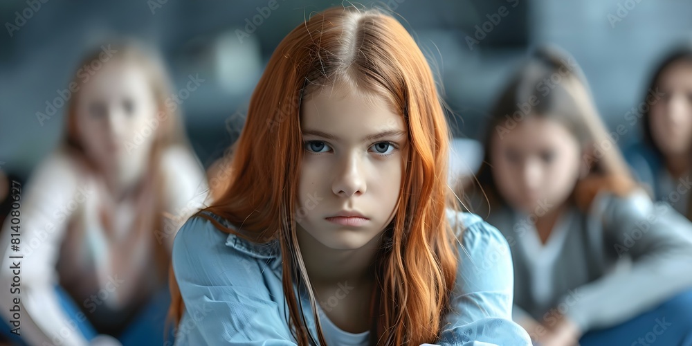 Lonely girl bullied by classmates: Create a banner with copy space. Concept Loneliness, Bullying, Sadness, Copy Space A, Lonely girl bullied by classmates: Create a banner with copy space. Concept Loneliness, Bullying, Sadness, Copy Space A,