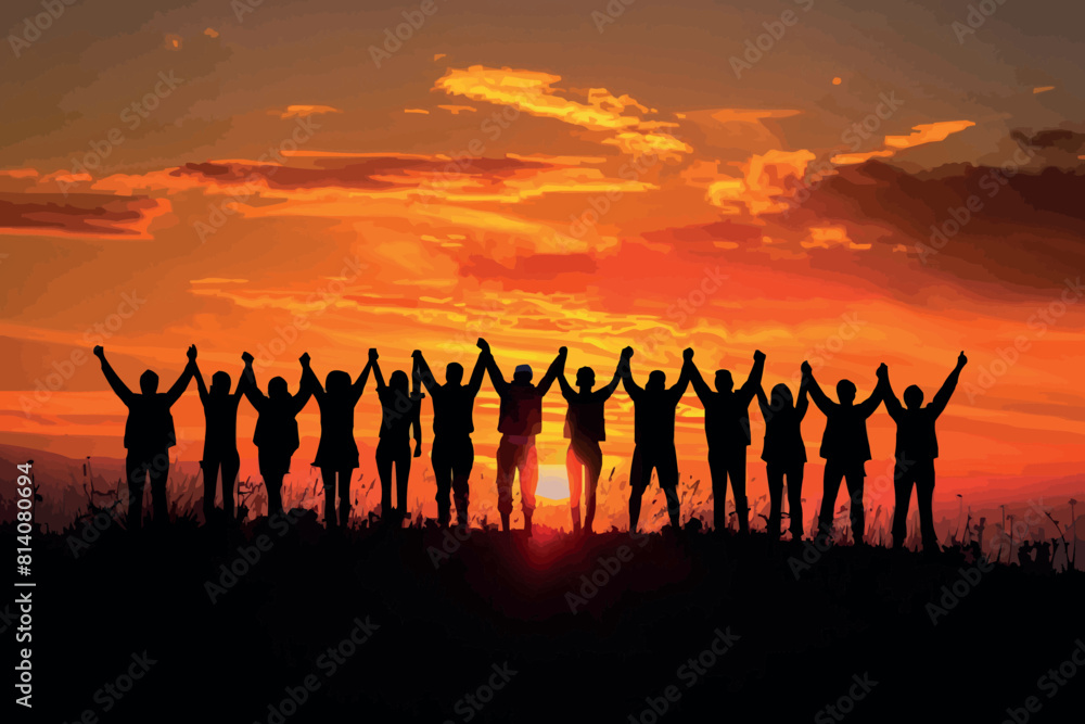 Silhouette group of happy friends is having fun with raised hands against sunset mountains Silhouette group of happy friends is having fun with raised hands against sunset mountains
