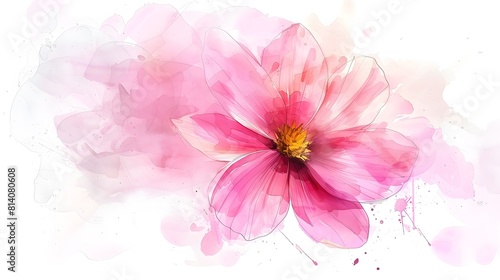 Vibrant Pink Watercolor Flower with Splattered Ink Effects