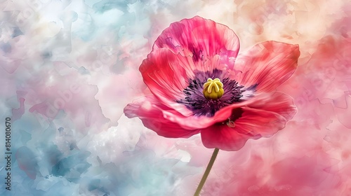 Dramatic Pink Poppy on Ethereal Watercolor Gradient Background