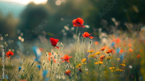 Wild Poppies and Wildflowers at Sunset