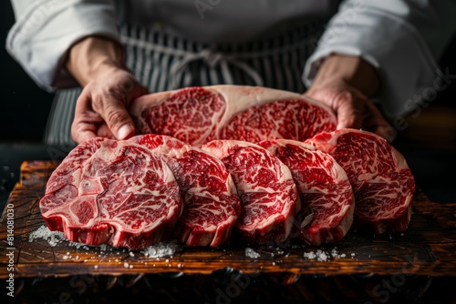 Artful butcher showcasing craft with precision, handling succulent raw beef steak