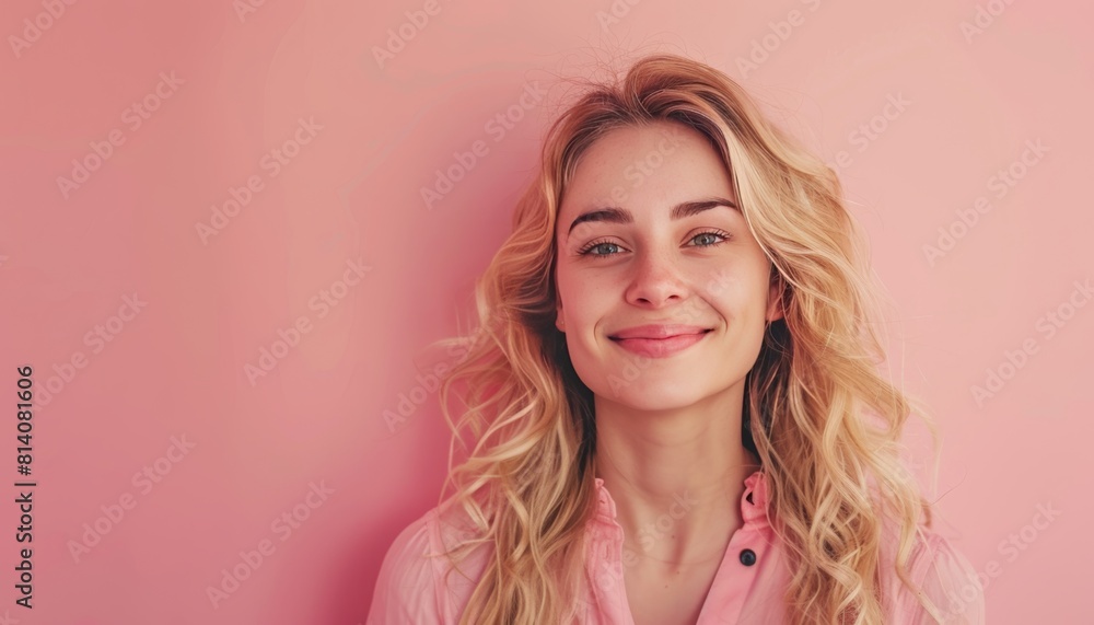Fototapeta premium Smiling woman with blonde hair on pastel background, high-quality image for design use