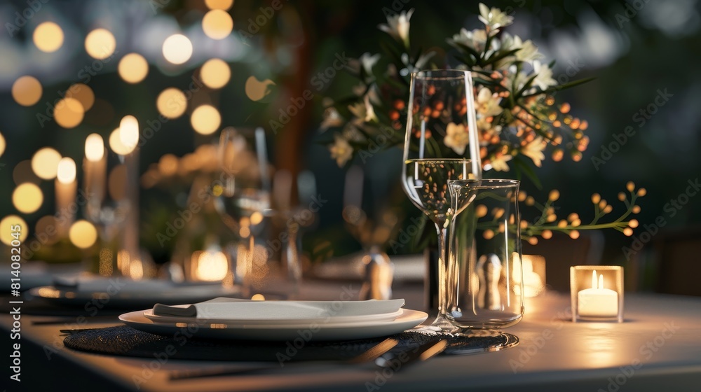 Luxurious fine dining table setting for special occasions, weddings, and romantic celebrations Luxurious fine dining table setting for special occasions, weddings, and romantic celebrations