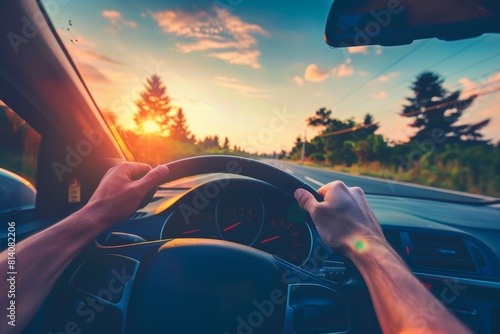 Close up of car drivers hands on steering wheel during scenic summer road trip at sunset photo