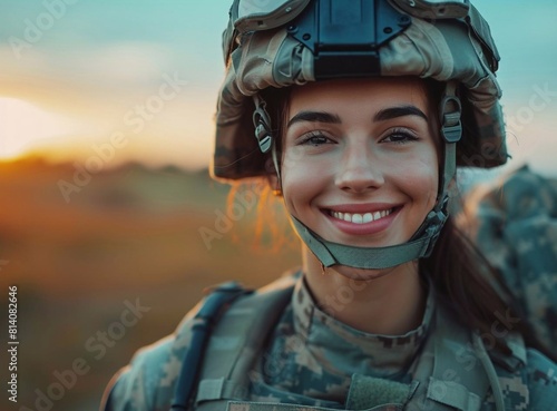 young military woman in dress uniform and helmet photo