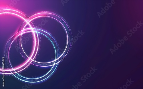 Abstract background with neon glowing light streaks forming the shape of two intertwined rings on a dark blue purple background 