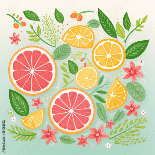 High-quality illustration of a pastel summer fruit pattern on a clean white background