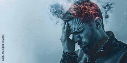 Symbolizing headache illness or stress: Person holding head in pain. Concept headache, stress, illness, discomfort, pain photo