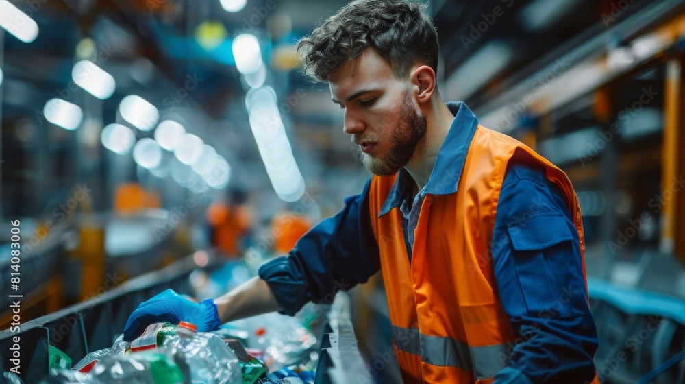 Naklejka premium A cleaning worker sorting recyclables in a sustainability-focused facility, showcasing an eco-friendly approach.