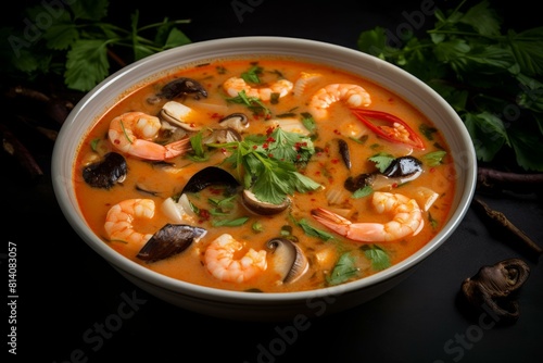 Spicy Tom yam soup bowl. Shrimp food dish spicy chili. Generate Ai