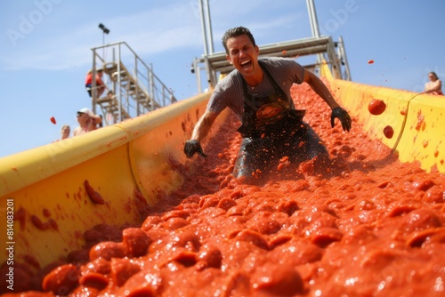 Excited Tomatina festival people. Popular event with large crowds of laughing people. Generate AI photo