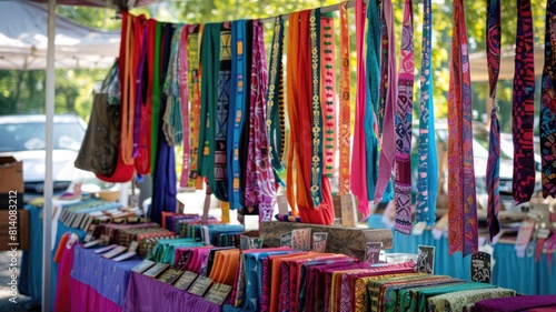 Bohemian market with vibrant upcycled fabric belts and headbands © Anna