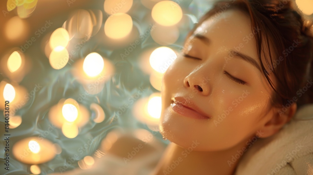 A cozy spa setting where an Asian woman enjoys a rejuvenating head massage by candlelight. A cozy spa setting where an Asian woman enjoys a rejuvenating head massage by candlelight.