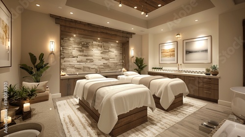A couple s spa treatment room with dual massage tables and a romantic  relaxing atmosphere.