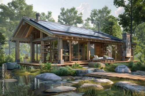 Eco-Friendly Cabin Design with Solar Panels and Sustainable Materials