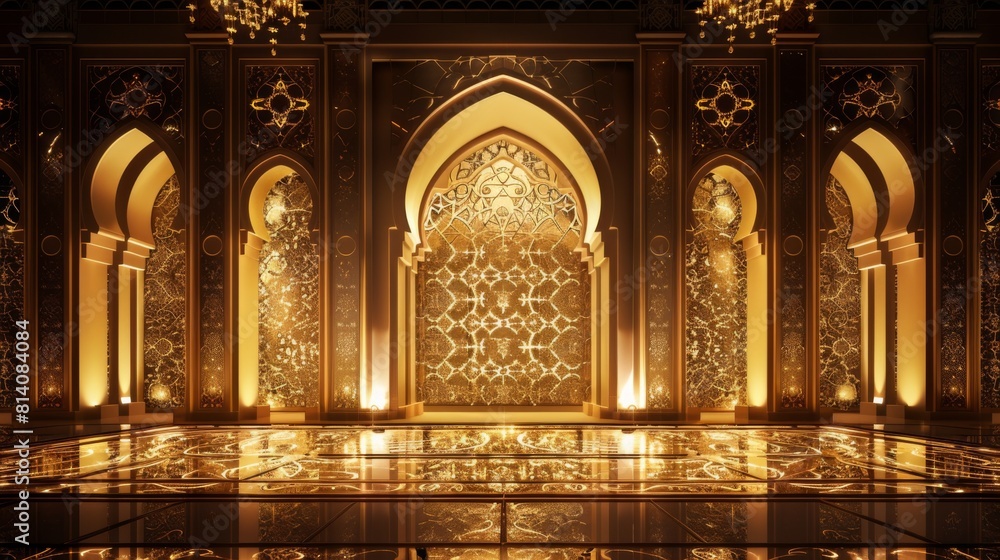 Lavishly decorated room with intricate mosque artwork and warm golden lighting