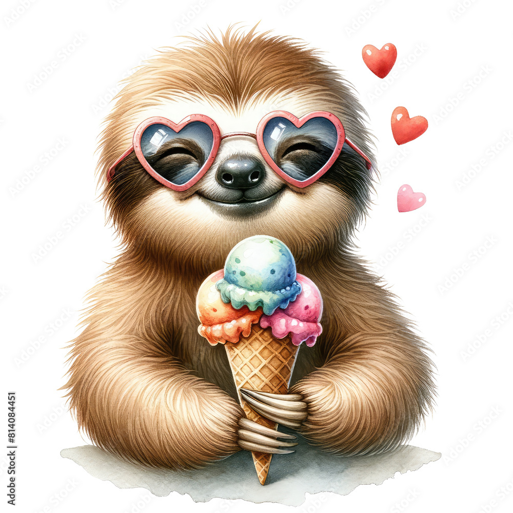 Obraz premium Colorful Animals Enjoying Ice Cream in Watercolor: Fun and Whimsical Illustration
