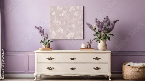 Wall art mockup above wooden dresser, modern minimalist living room interior background, interior design with lavender color walls theme of the room