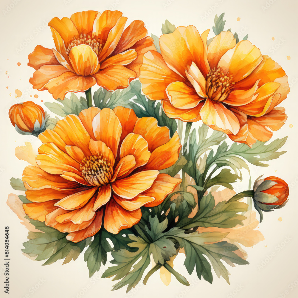 Watercolor Marigold Illustration, Generative Ai Watercolor Marigold Illustration, Generative Ai