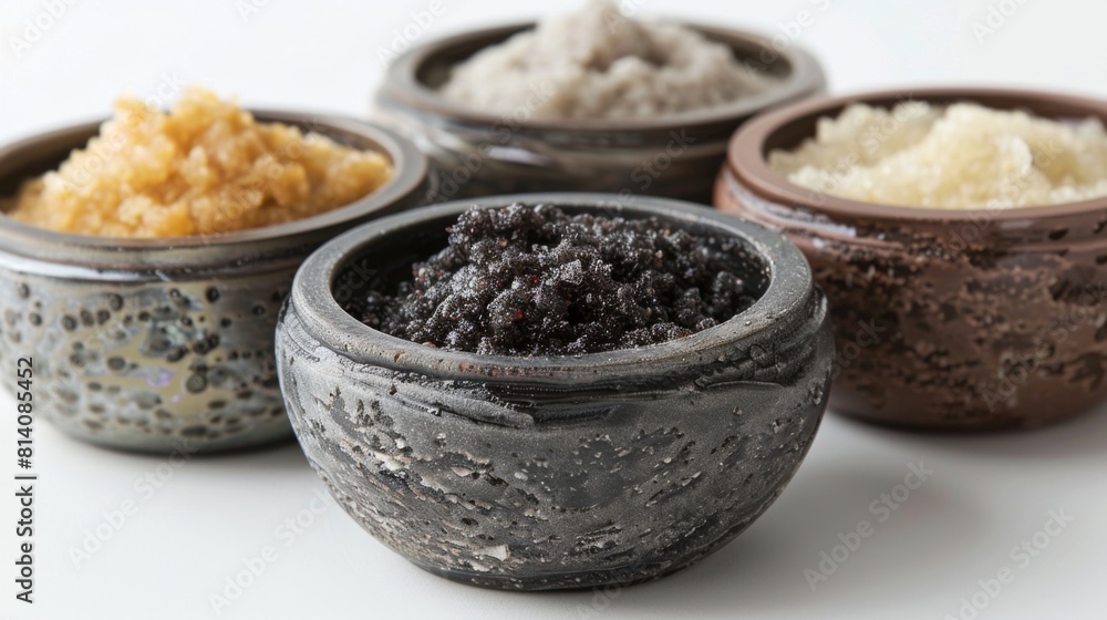 a set of luxurious body scrubs in decorative containers, isolated on a white background. a set of luxurious body scrubs in decorative containers, isolated on a white background.