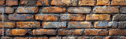 Detailed view of a weathered brick wall  showing the rough textures and worn surfaces up close