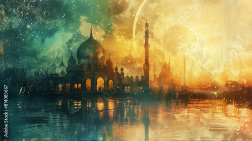 A mesmerizing painting capturing the essence of a city skyline with a grand mosque in the background