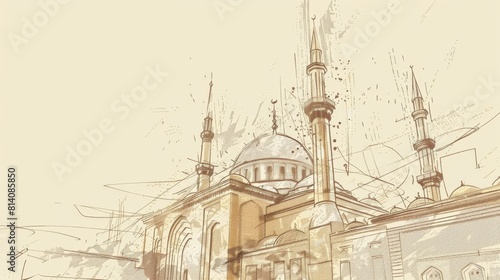A sketch of a grand mosque with a mesmerizing mosque in the background