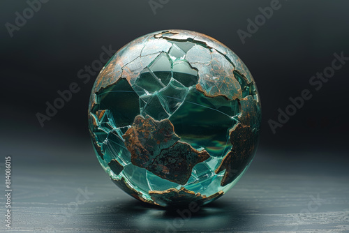 A cracked glass globe with fractured continents, suggesting the fragility of global stability. Concept of geopolitical crisis and international tensions. Generative Ai.