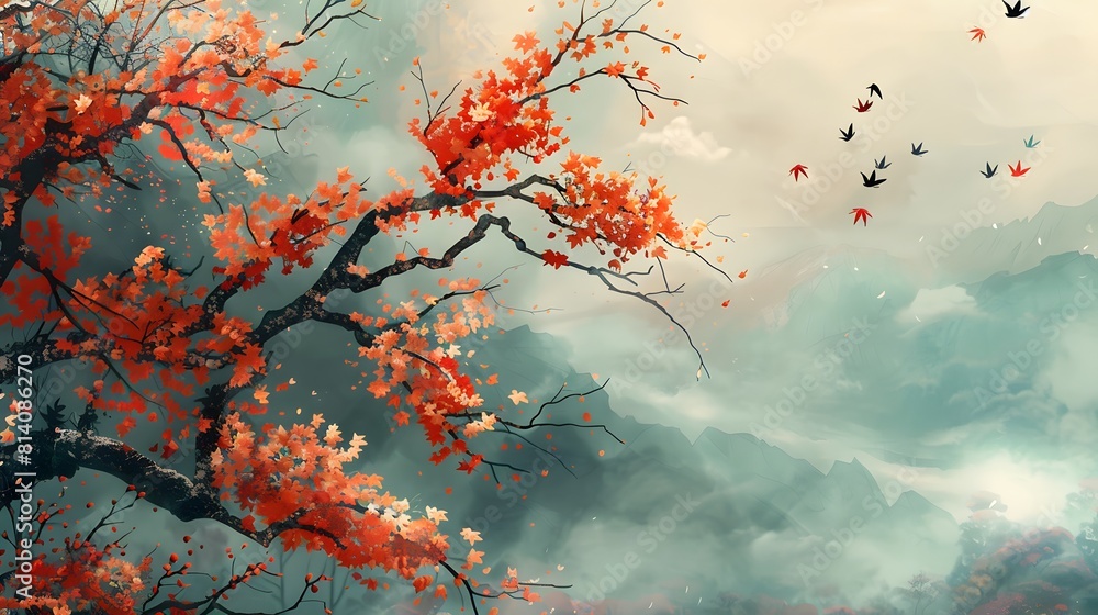 Autumn landscape with blue lake and many red leaves above. Copy space area. AI Generative Autumn landscape with blue lake and many red leaves above. Copy space area. AI Generative