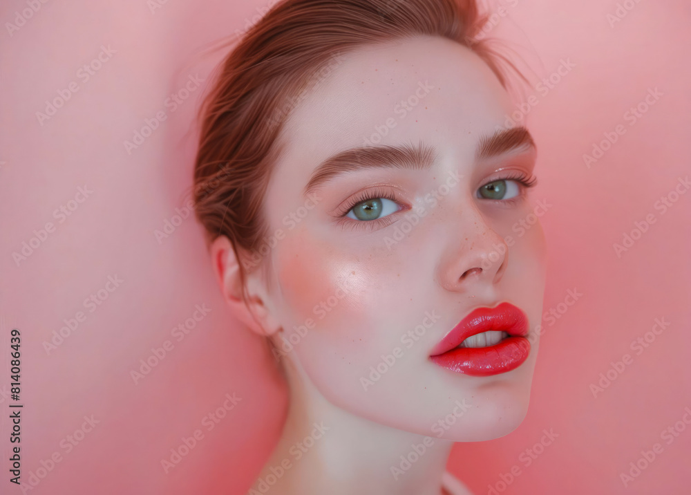 A woman with pink lips and pink background. A woman with pink lips and pink background.