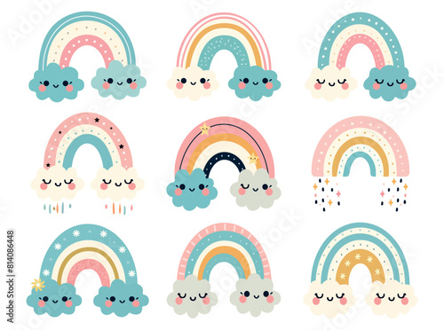 A set of drawings, cute rainbows, with clouds and rain in boho style-spike Children's stickers, icons for albums, vector