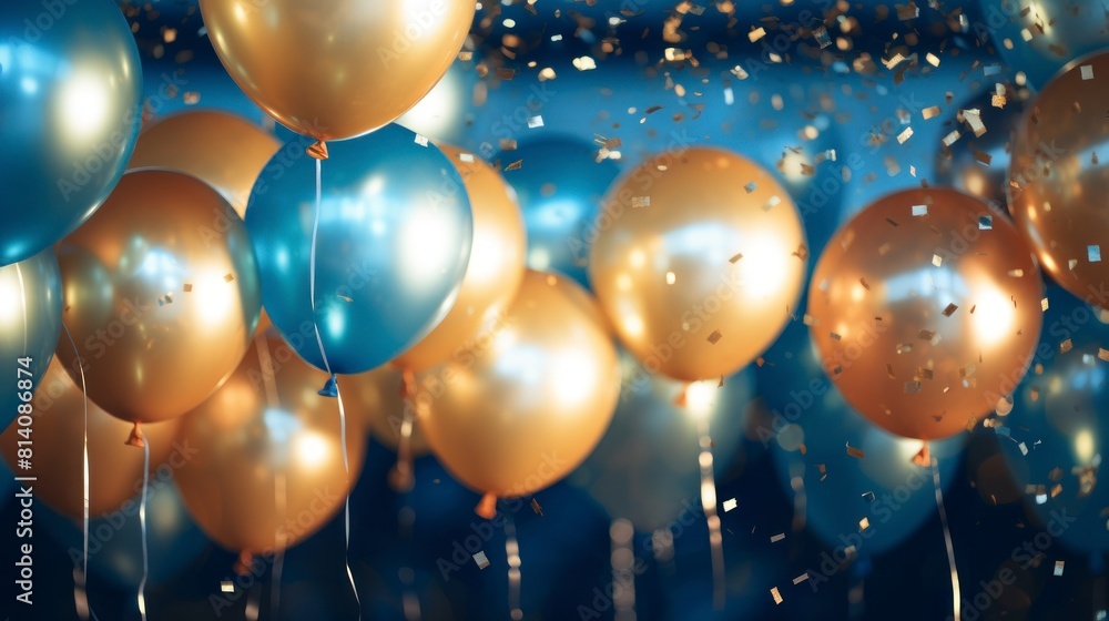 A collection of blue and gold balloons floating up high in the sky, held by unseen strings as they move with the wind. A collection of blue and gold balloons floating up high in the sky, held by unseen strings as they move with the wind.