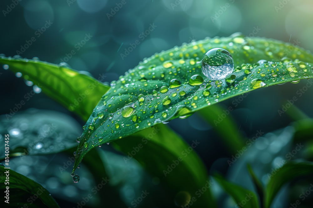 A single raindrop clinging to a blade of grass, refracting light like a miniature prism. Concept of atmospheric phenomena and rainwater collection. Generative Ai. A single raindrop clinging to a blade of grass, refracting light like a miniature prism. Concept of atmospheric phenomena and rainwater collection. Generative Ai.