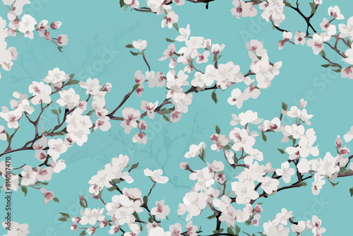 Seamless floral pattern. Sakura branch. Vintage luxury decoration. Illustration Oriental cherry tree on white background.