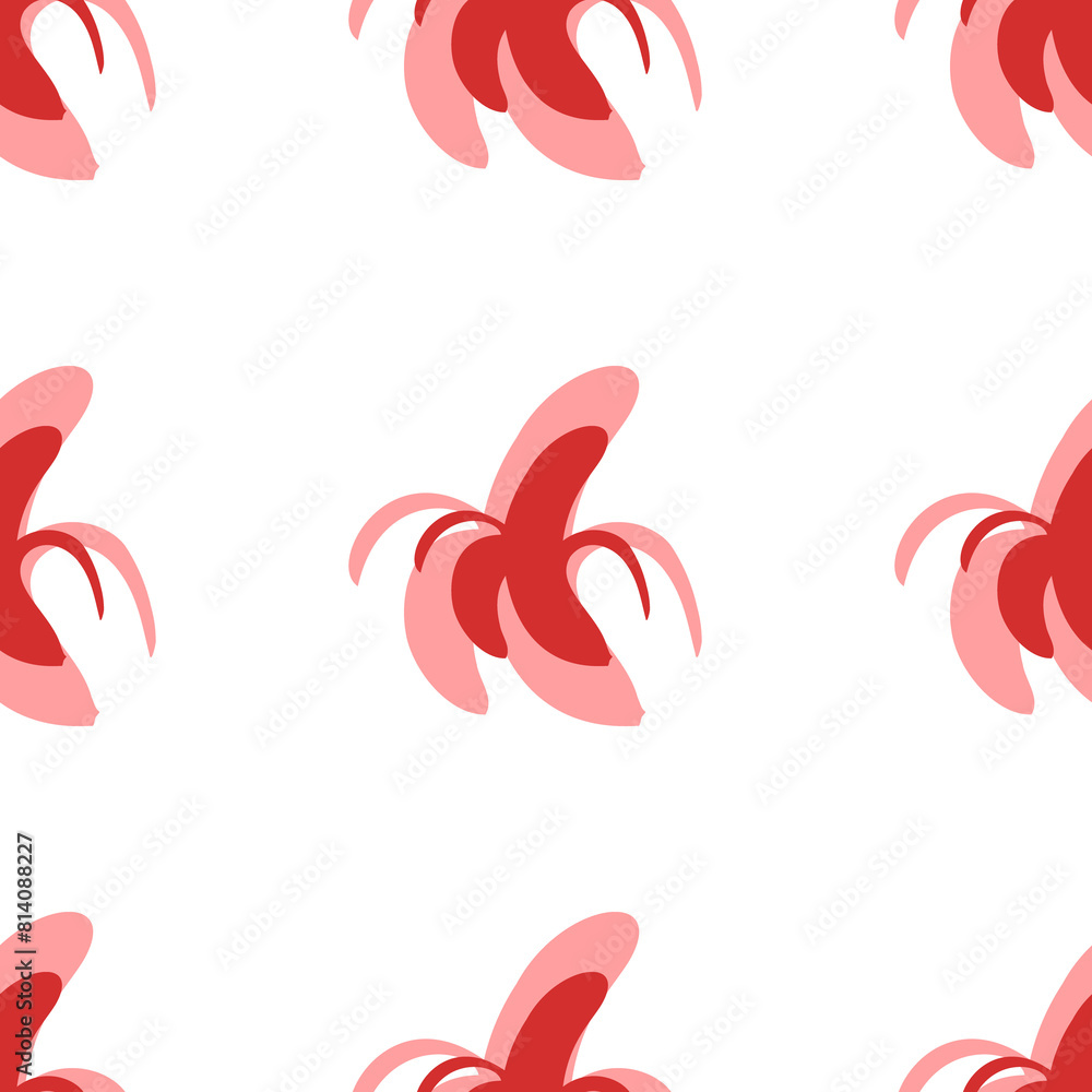 Seamless pattern of large isolated red peeled banana symbols. The elements are evenly spaced. Illustration on light red background Seamless pattern of large isolated red peeled banana symbols. The elements are evenly spaced. Illustration on light red background