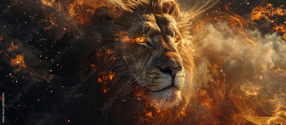 A beautiful lion with glowing eyes seem to dance with flames on fire, the king animal burn art with space concept A beautiful lion with glowing eyes seem to dance with flames on fire, the king animal burn art with space concept