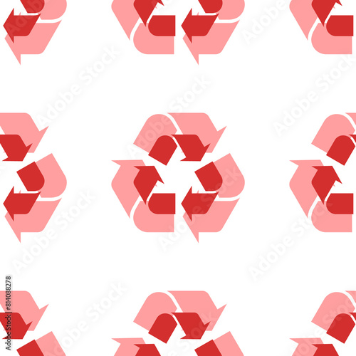 Seamless pattern of large isolated red recycling symbols. The elements are evenly spaced. Illustration on light red background