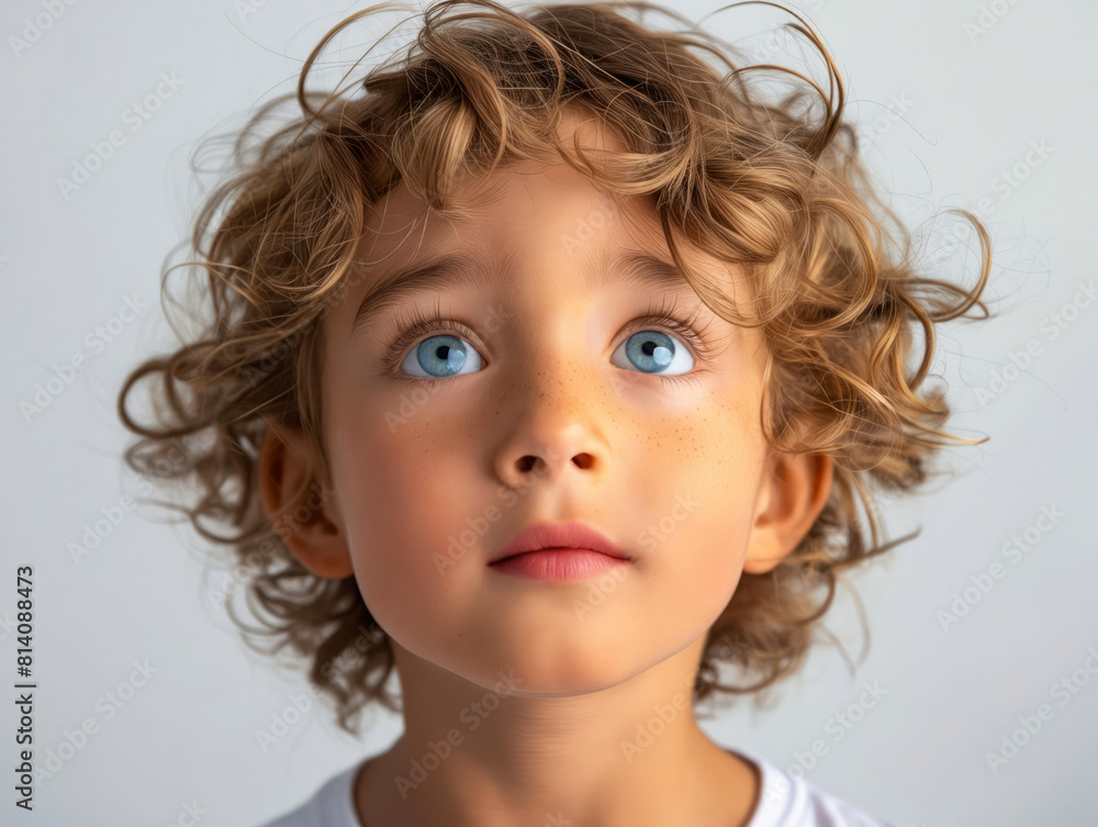 A young boy with curly hair looking up. A young boy with curly hair looking up.