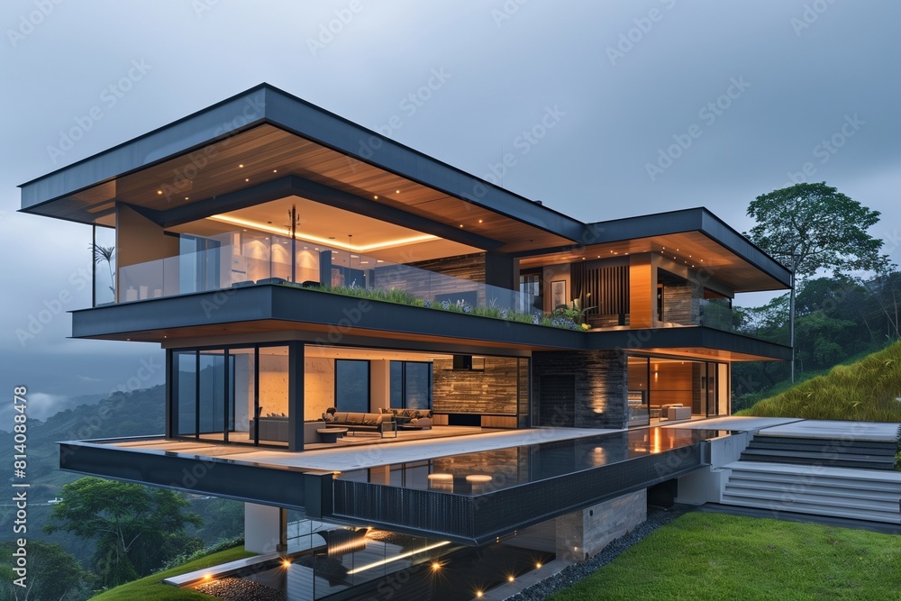 Modern Hilltop Home with Sleek Rain Protection Design and Panoramic Views Modern Hilltop Home with Sleek Rain Protection Design and Panoramic Views