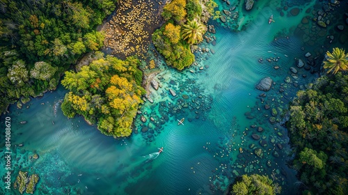 Aerial View of Clear Turquoise River Flowing Through Forest